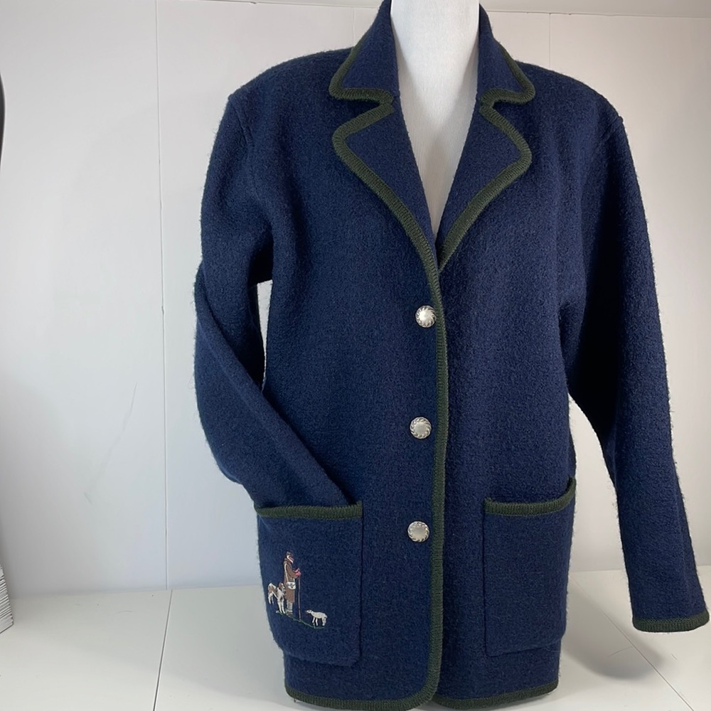 VINTAGE Wool jacket, Sheeps and dog, size M-L, Navy/green
